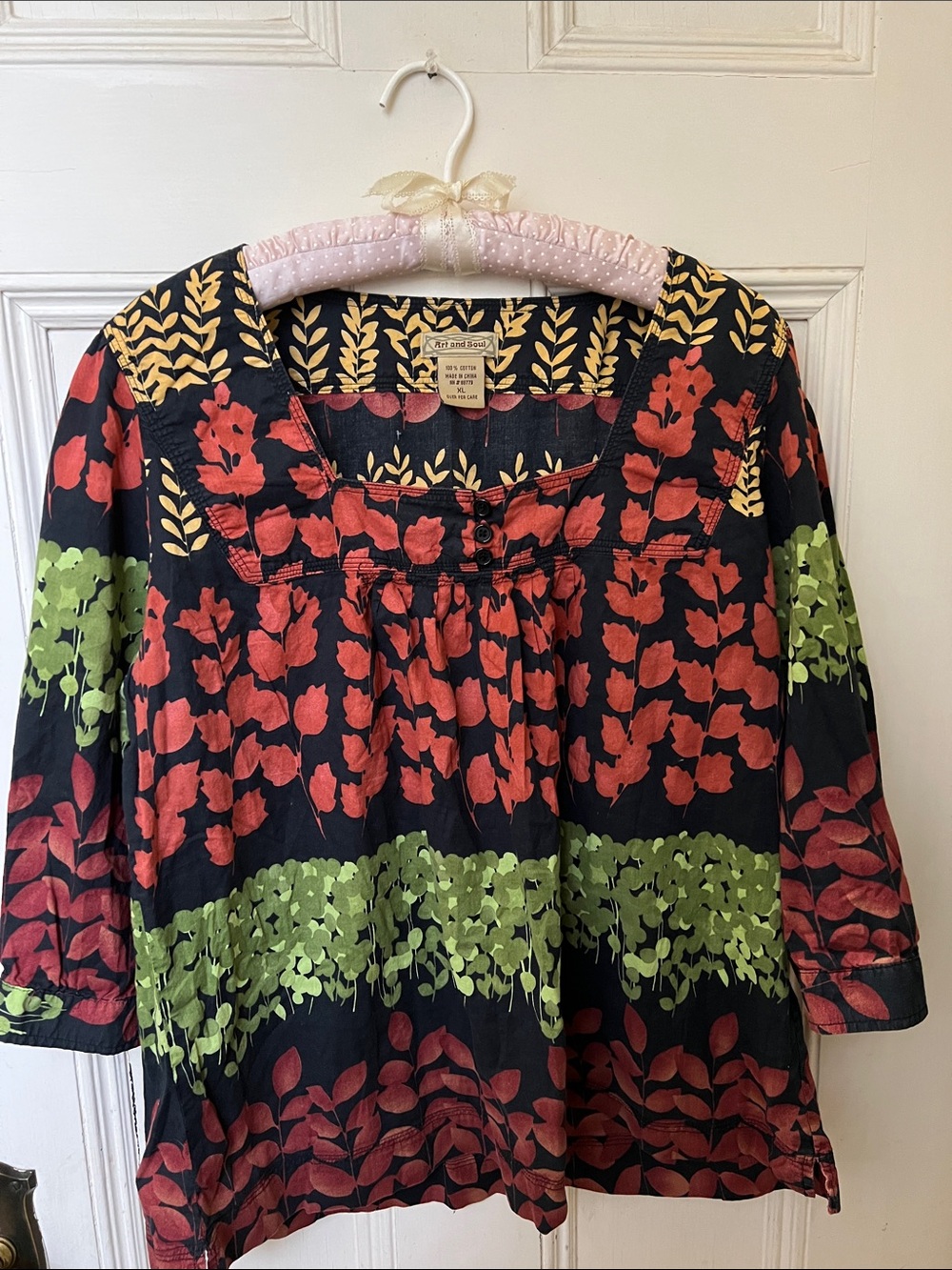 Art And Soul Black Floral Peasant Top with Red and Green Print